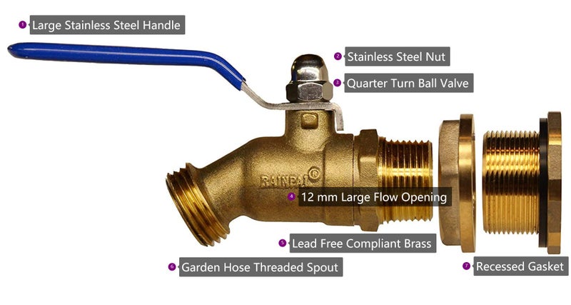 RAINPAL RBS024 Brass Rain Barrel Spigot (LF Compliant 3/4" Quarter Turn Ball Valve w/Bulkhead Fitting and Thread Tape, 7 GPM) - Image 3